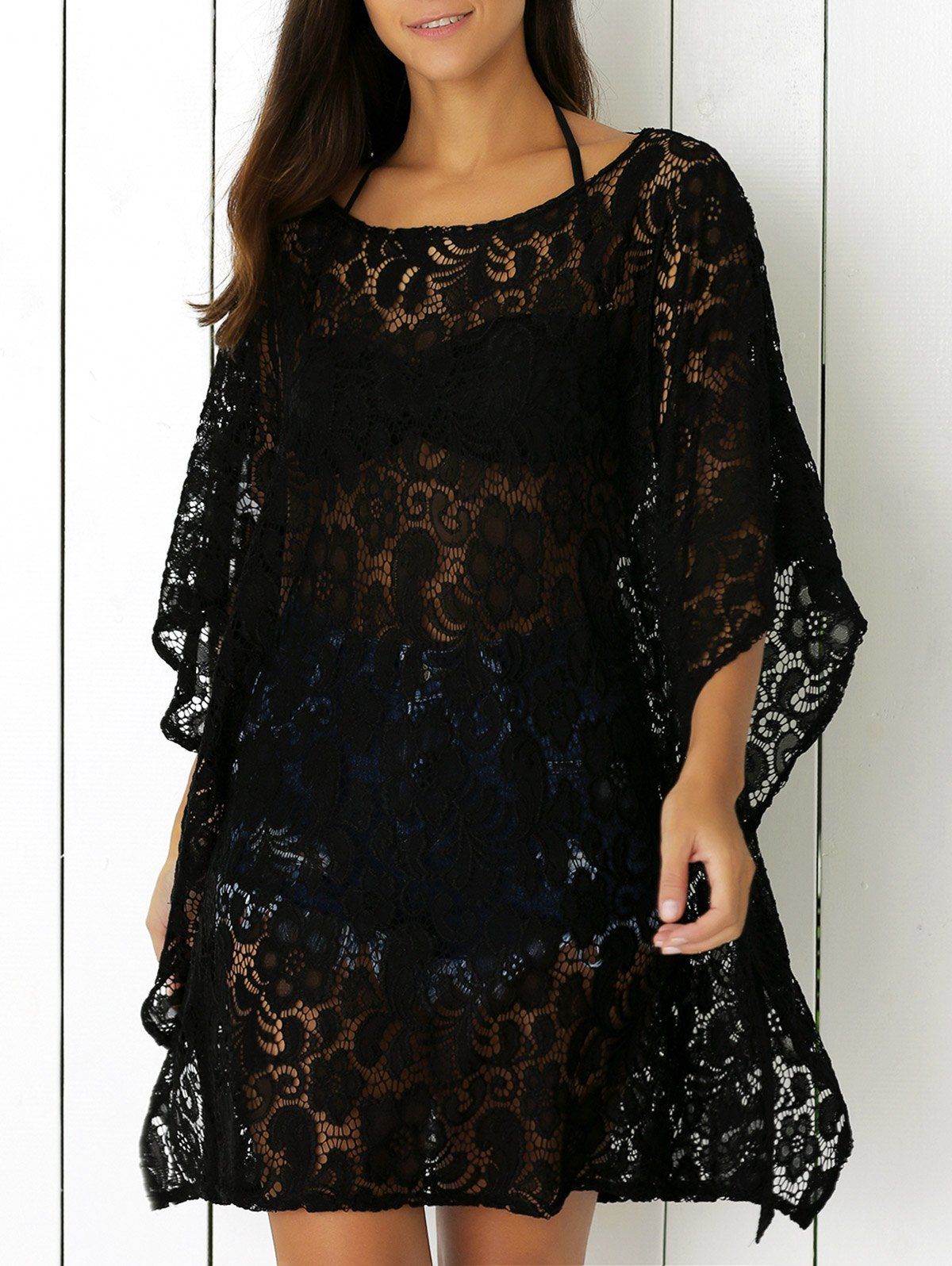 [9 OFF] Openwork Lace Cover Up Dress Rosegal