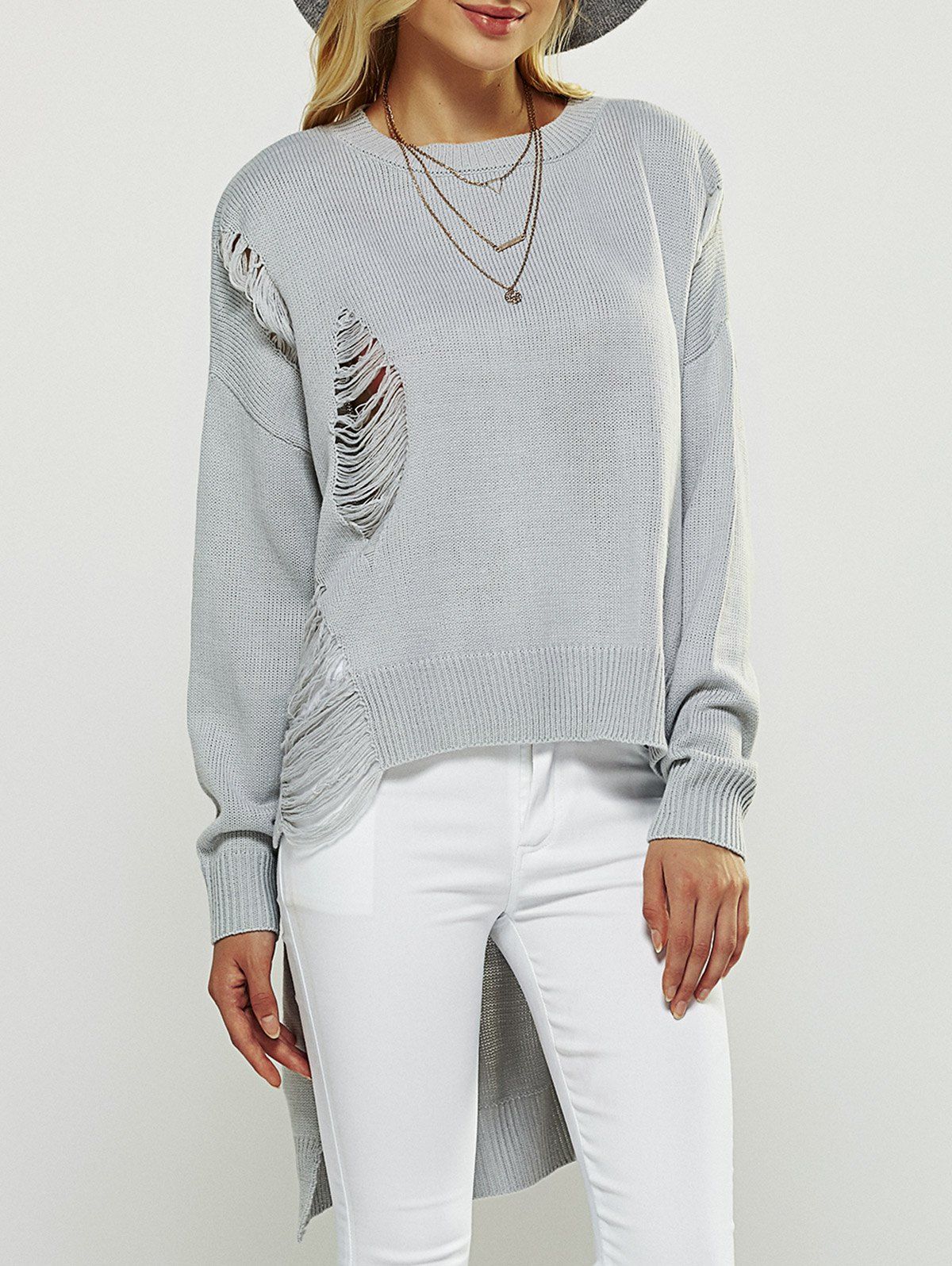 Discount Asymmetrical Ripped Sweater  