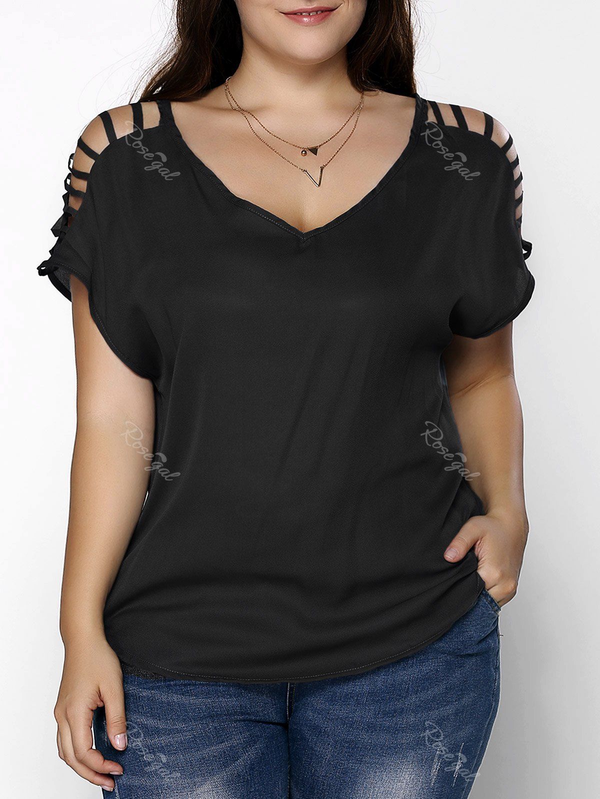 T-shirt Grande Taille Col en V Manches Découpées Noir XL