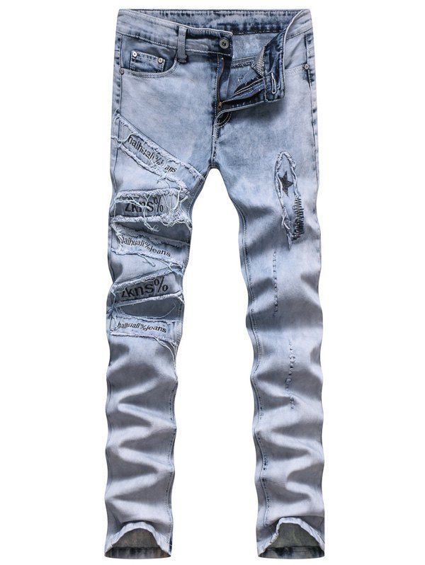 [25% OFF] Zipper Fly Frayed Patched Pocket Rivet Ripped Jeans | Rosegal