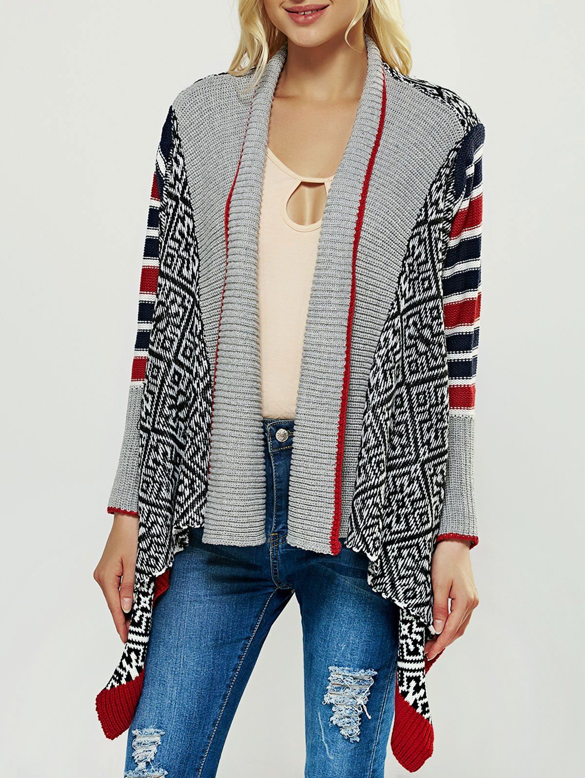 Black One Size Geometric Print Asymmetric Cardigan | RoseGal.com