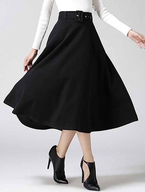 

High Waist Pure Color Tweed Midi Skirt, Black