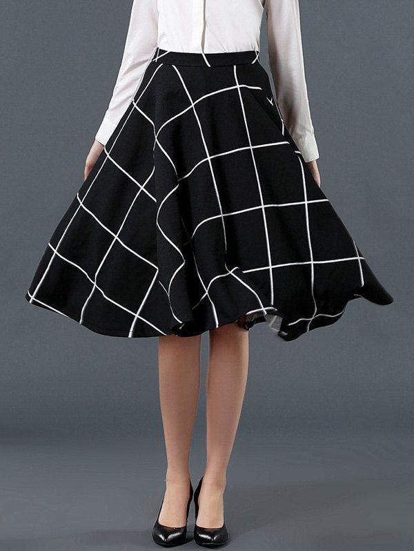 2018 High Waist Plaid Pattern Flare Skirt In Black M