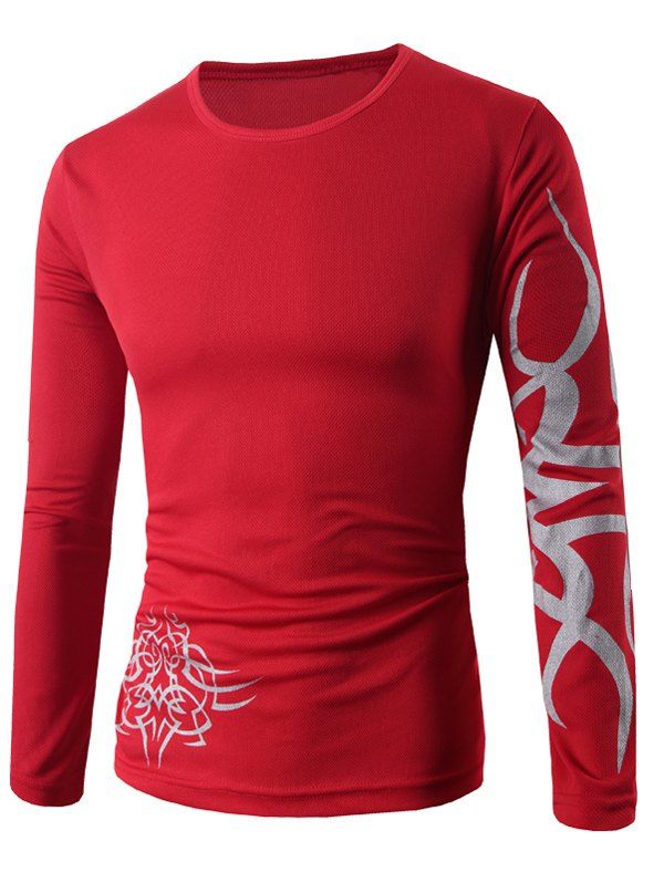 

Round Neck Long Sleeve Dragon Print T-Shirt, Red