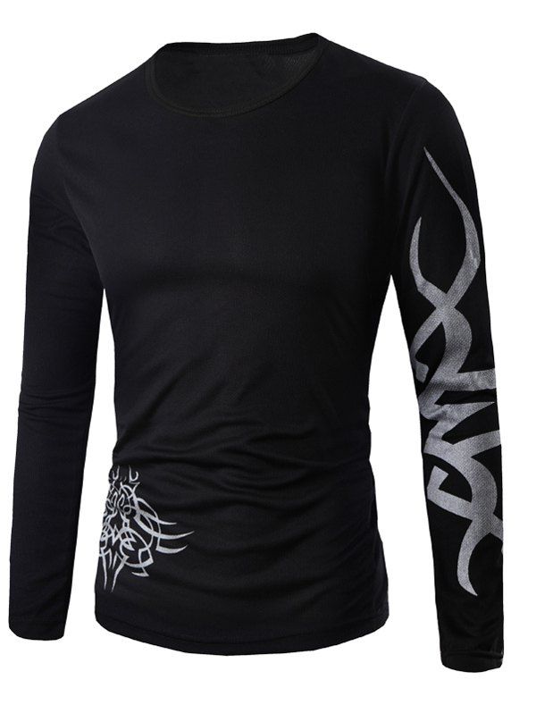 

Round Neck Long Sleeve Dragon Print T-Shirt, Black