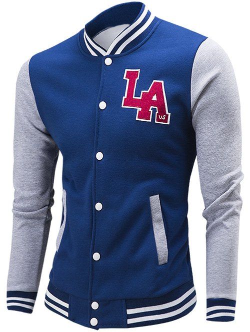 

Letter Pattern Rib Spliced Color Block Baseball Jacket, Deep blue