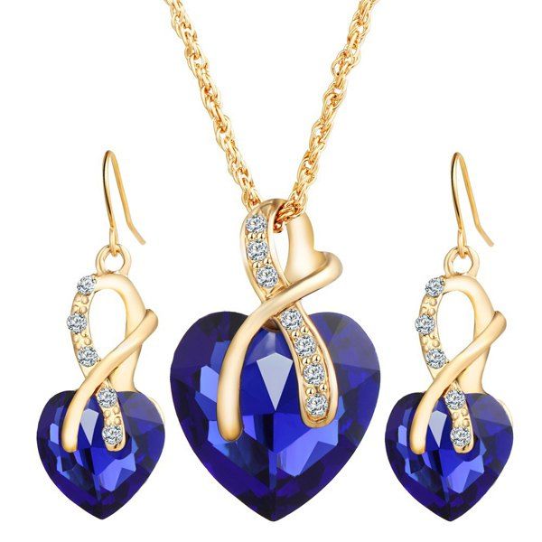 

Faux Diamond Crystal Rhinestone Heart Wedding Jewelry Set, Blue