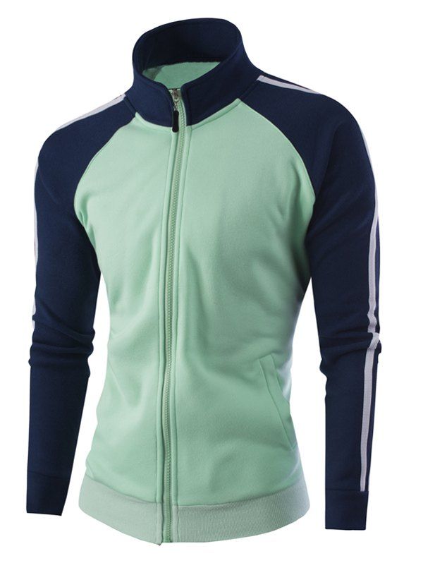 

Raglan Sleeve Stand Collar Zipper-Up Striped Jacket, Green