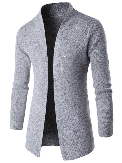 

Side Slit Collarless Long Sleeves Computer Knitted Cardigan, Gray