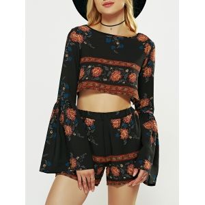 Long Flare Sleeve Crop Top and Print Shorts