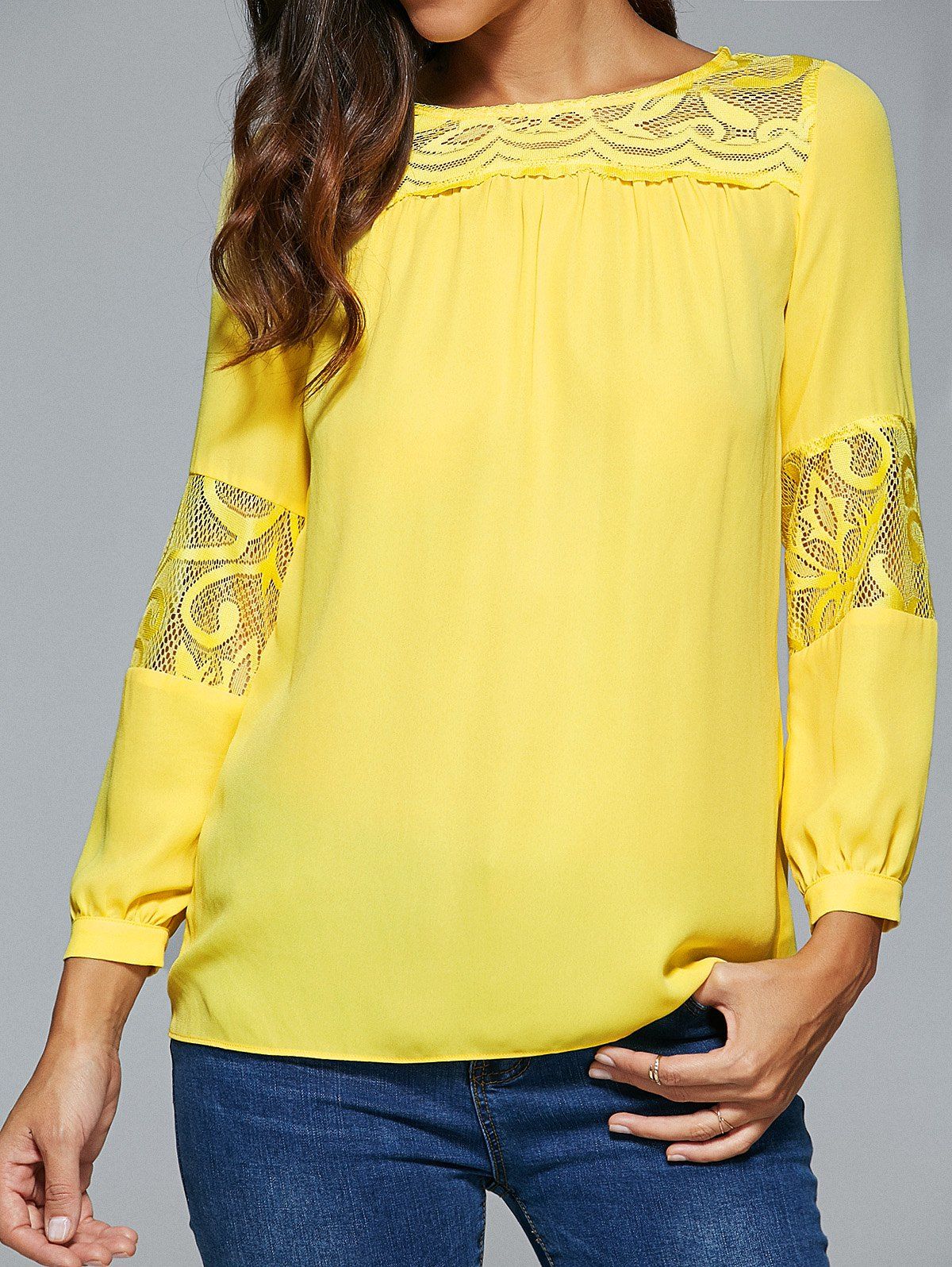 Yellow Xl Lace Spliced Long Sleeve Blouse | RoseGal.com
