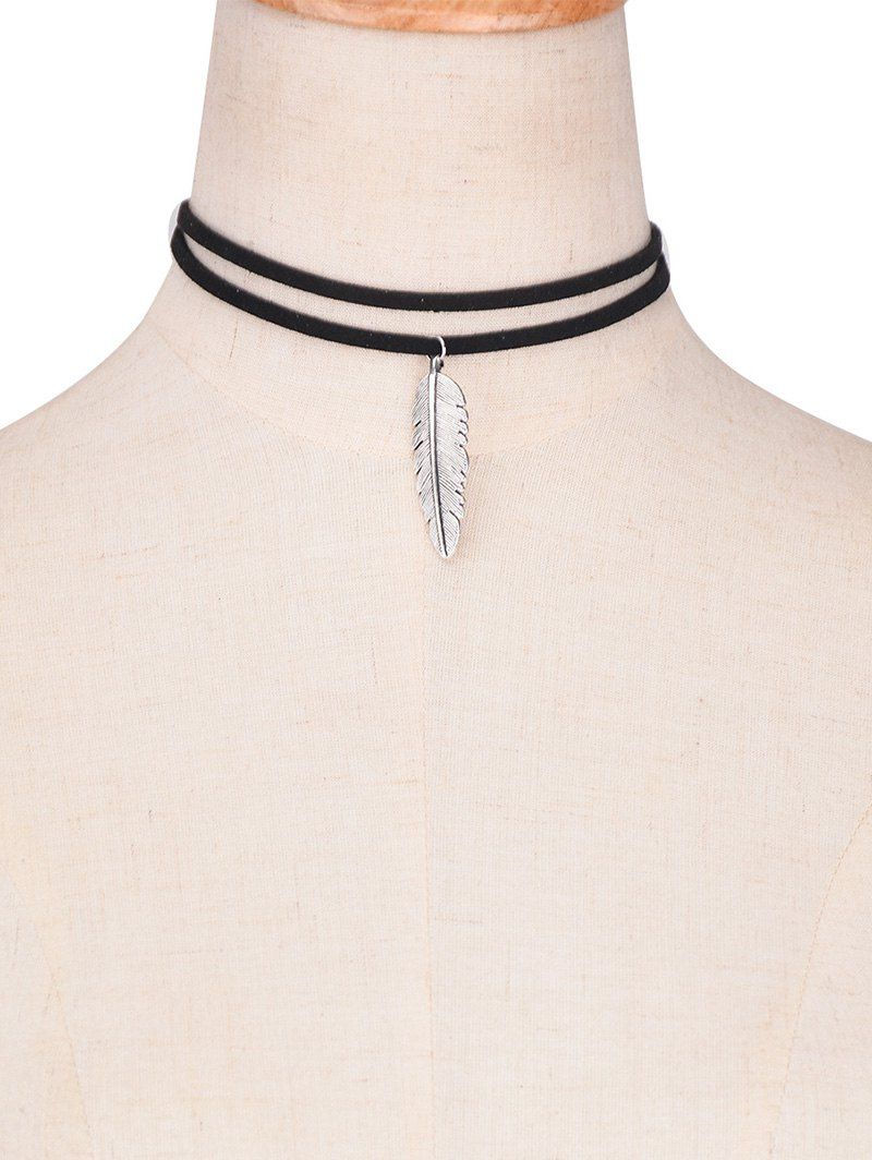 

Faux Leather Alloy Feather Choker Necklace, Black