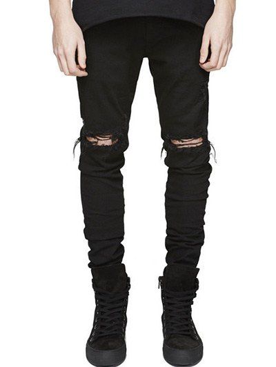 

Knee Holes Frayed Zipper Fly Narrow Feet Ripped Jeans, Black