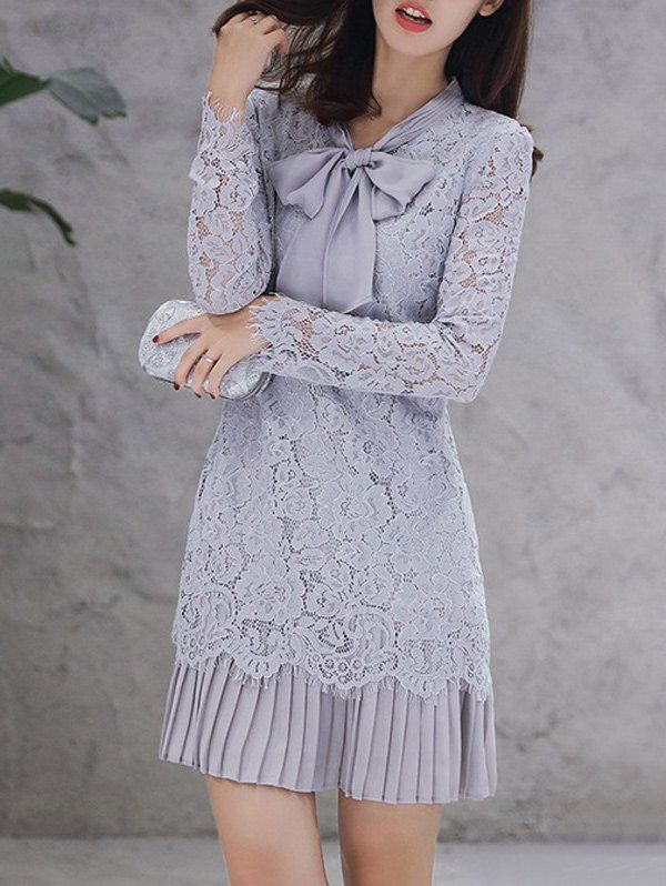[33 OFF] Bow Tie Long Sleeve Embroidery Lace Dress Rosegal