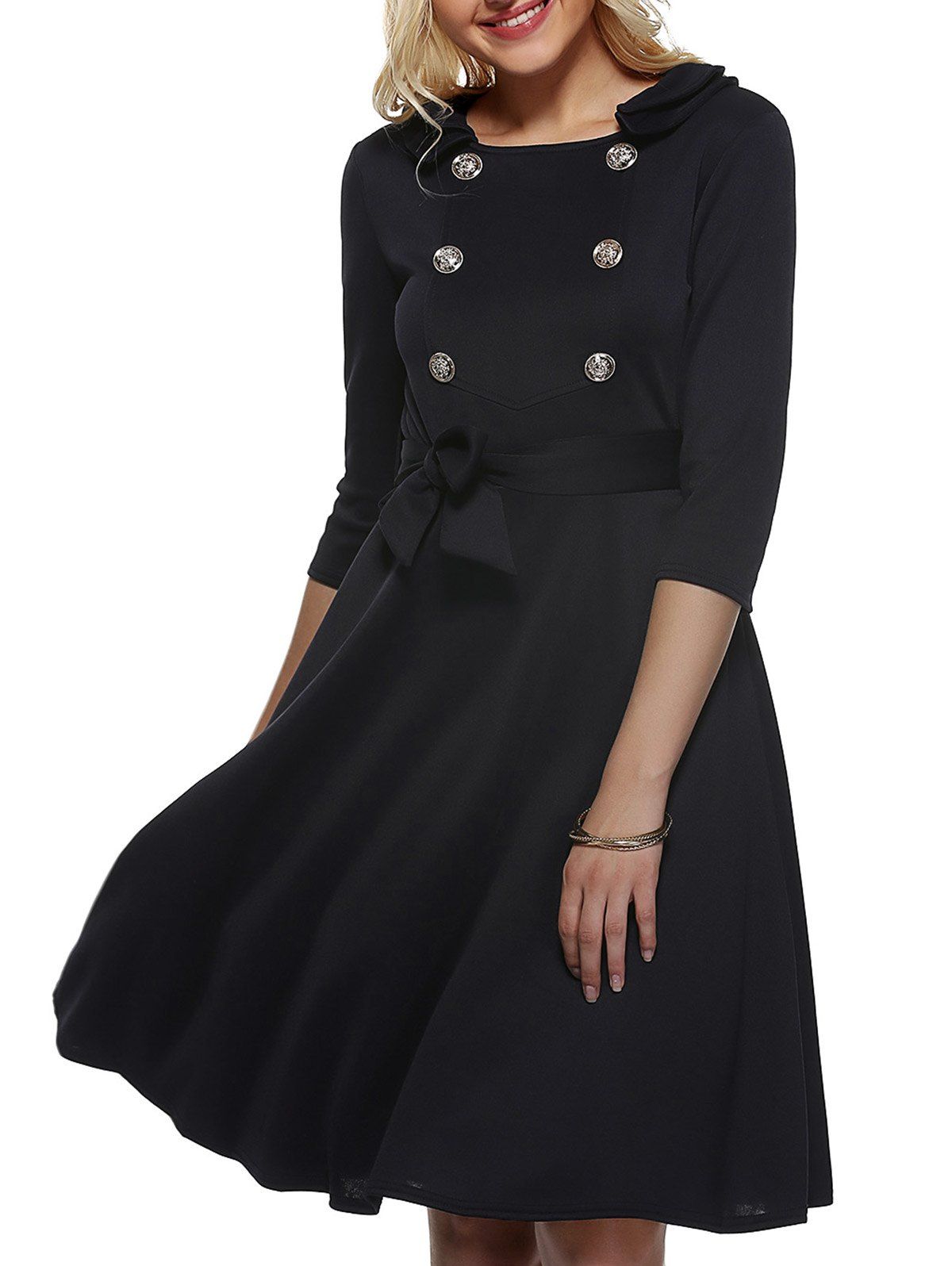 

Vintage Half Sleeves Belted Buttoned Swing Dress, Black