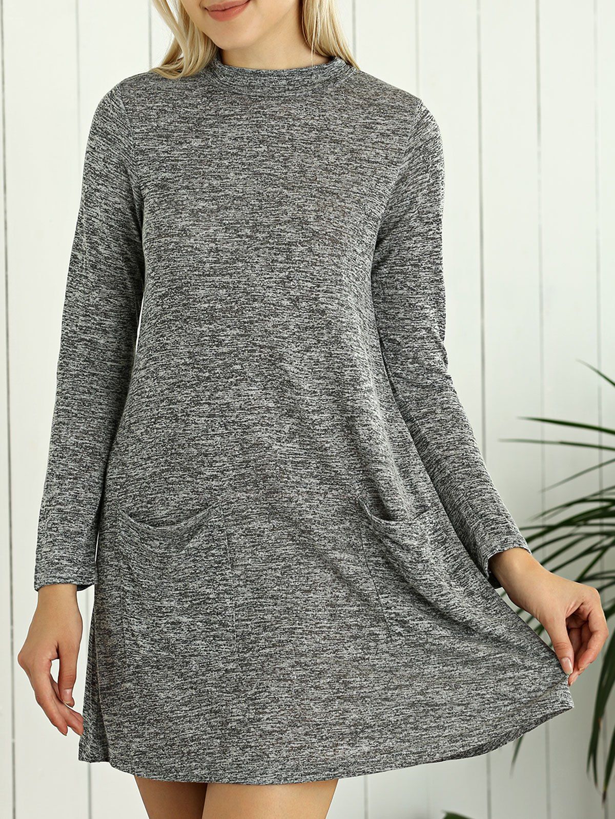[48 OFF] Heathered Long Sleeve Tunic Sweater Dress With Pocket Rosegal