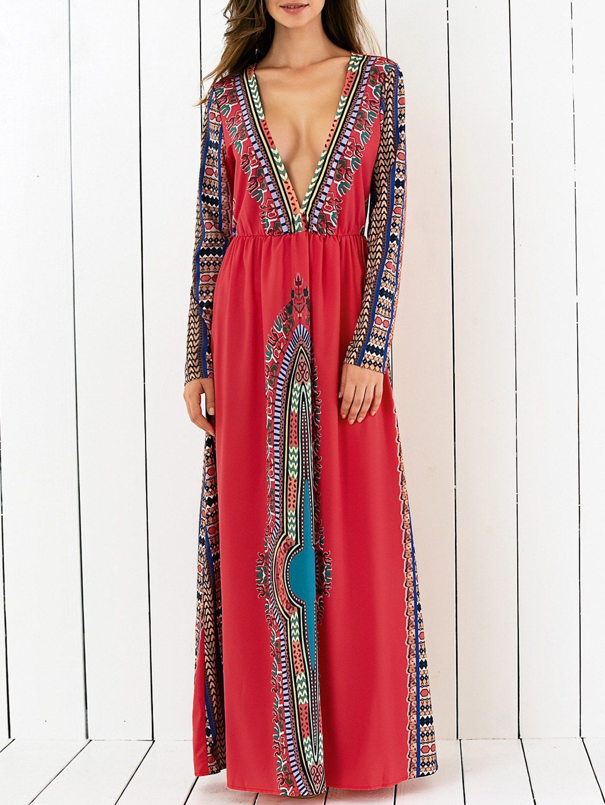 [26 OFF] Plunging Printed Long Sleeve Maxi Dress Rosegal