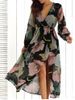 Big Flower Print V Neck Long Sleeve Maxi Dress -  