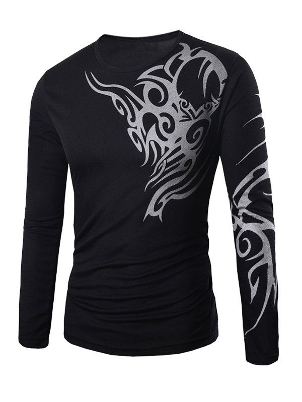 

Slim Fit Long Sleeve Tattoo Print T-Shirt, Black