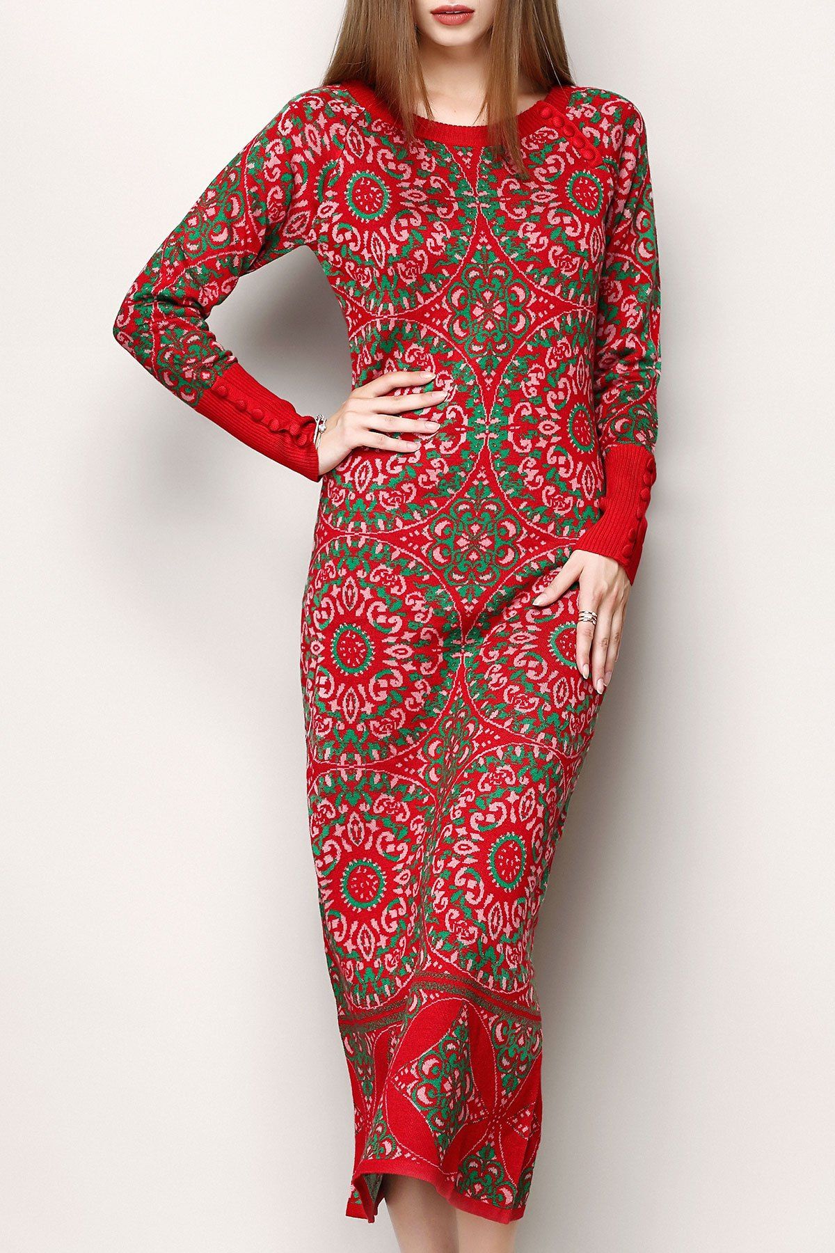 

Jacquard Print Ethnic Style Sweater Dress, Red