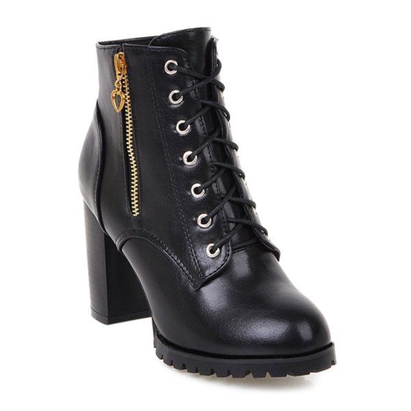[60% OFF] Tie Up Double Zipper PU Leather Ankle Boots | Rosegal