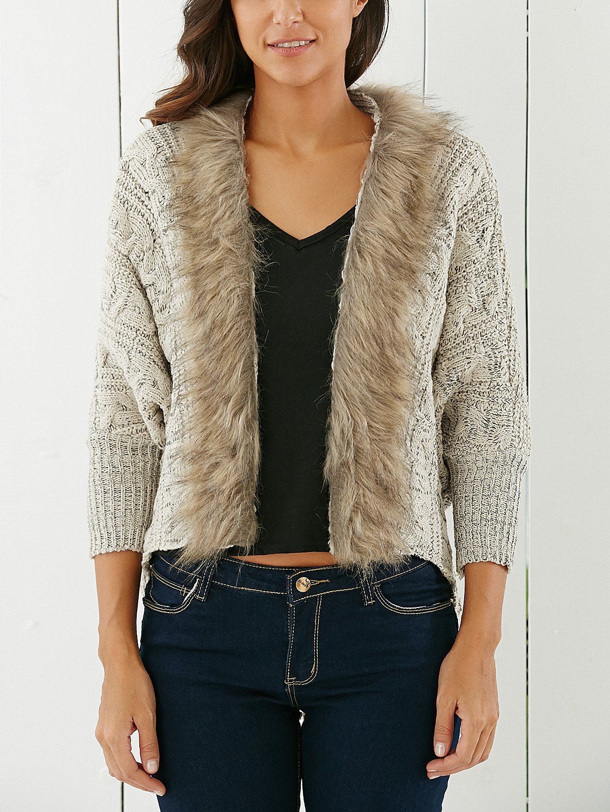 Light Khaki One Size Fashionable Solid Color With Faux Fur Long Sleeve