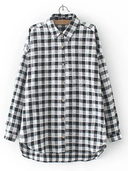 

High Low Checkered Pattern Shirt, Black