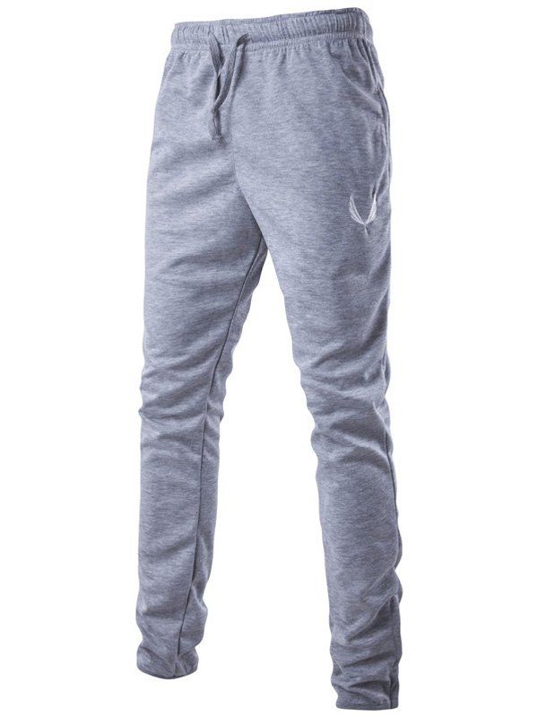

Lace-Up Embroidered Narrow Feet Zipper Design Pants, Light gray