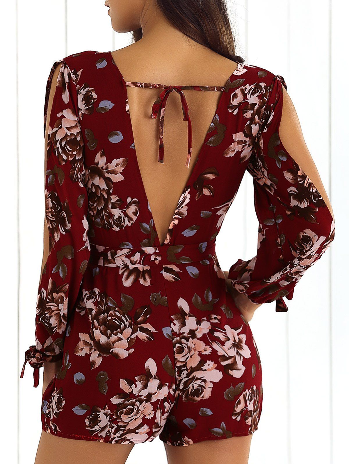 [8 OFF] Front Tied Flower Print Long Sleeve Pants Romper Rosegal