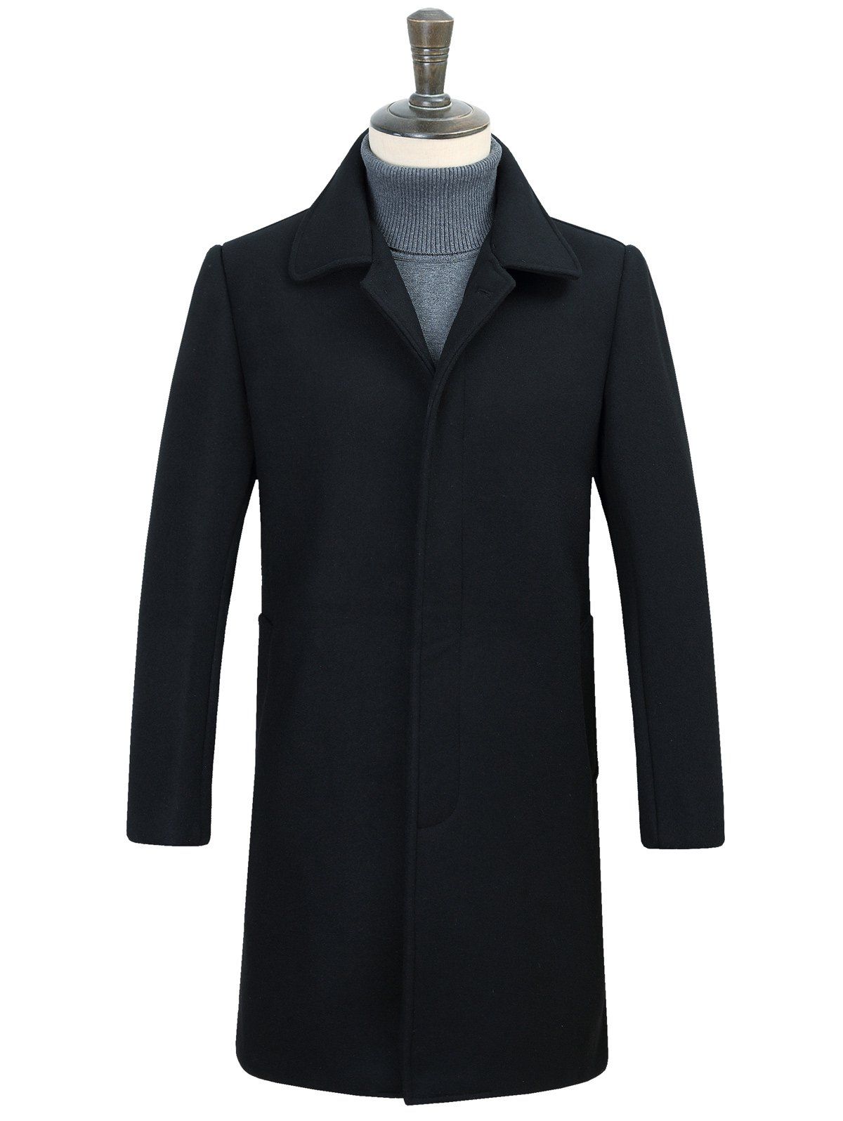 

Covered Button Longline Woolen Coat, Black