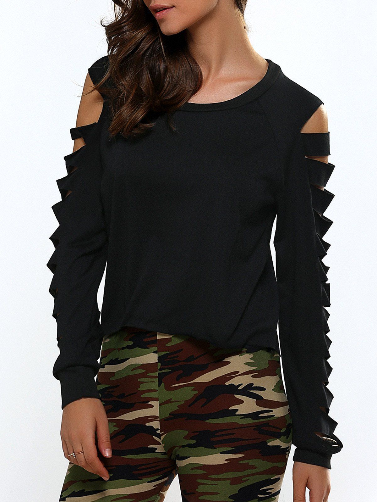 

Cut Out Long Sleeve Cropped Blouse, Black