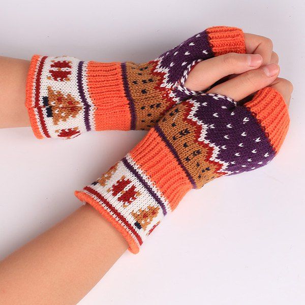 

Pair of Christmas Tree Snow Knitted Fingerless Gloves, Orange red