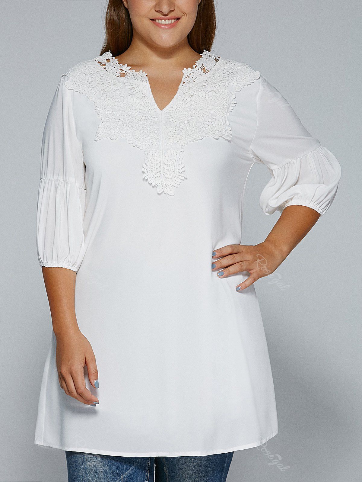 2018 Plus Size Crochet Lace Splicing V Neck Blouse In White 2xl