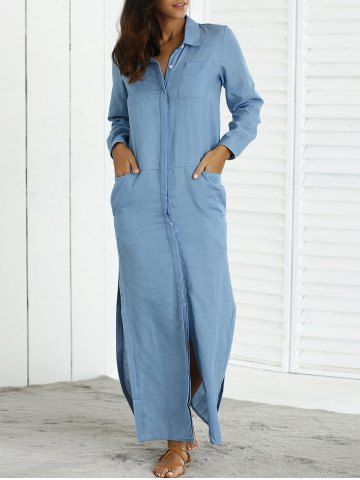 [8% OFF] Long Sleeves Pocket Design Slit Dress | Rosegal