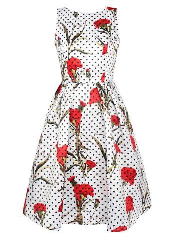 2019 floral and polka dot tea length swing vintage dress