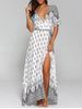 High Slit Pattern Maxi Low Cut Wrap Dress -  