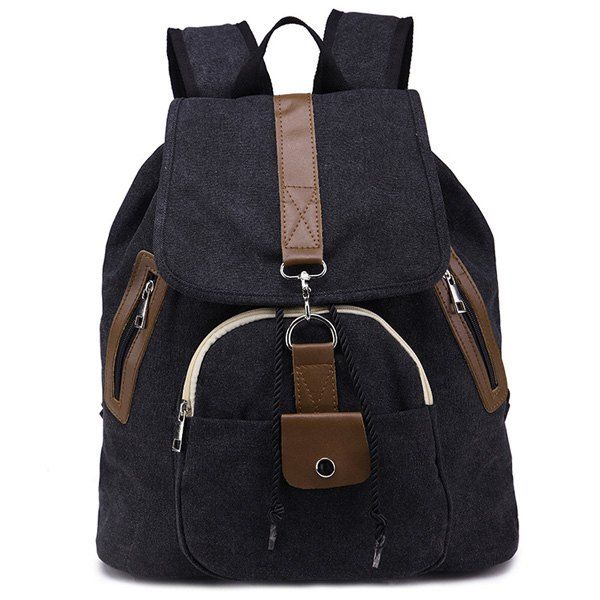 [42 OFF] Drawstring Snap Canvas Backpack Rosegal