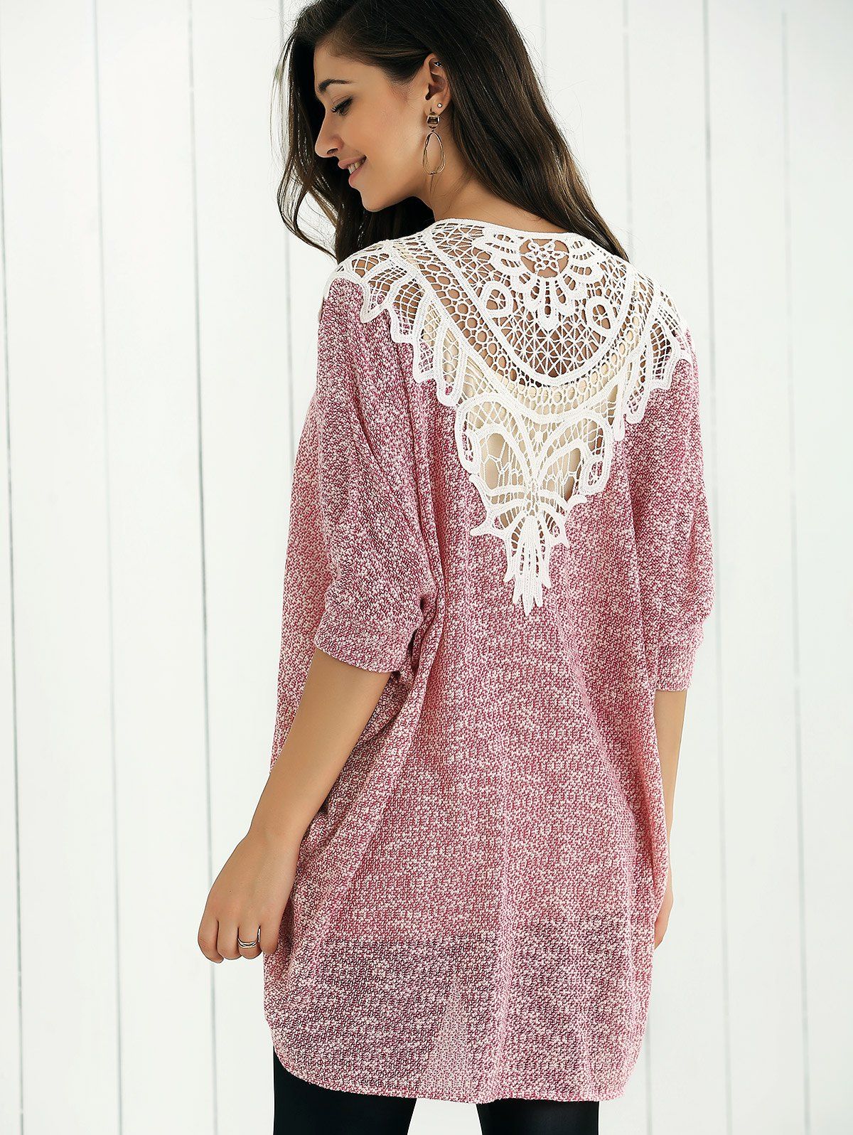 Red/white L Open Front Lace Patchwork Cardigan | Rosegal.com