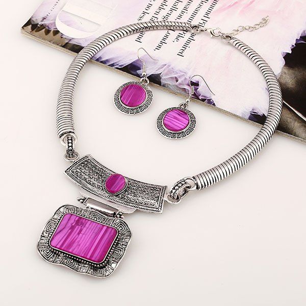 

Geometry Faux Gem Floral Pattern Jewelry Set, Purple