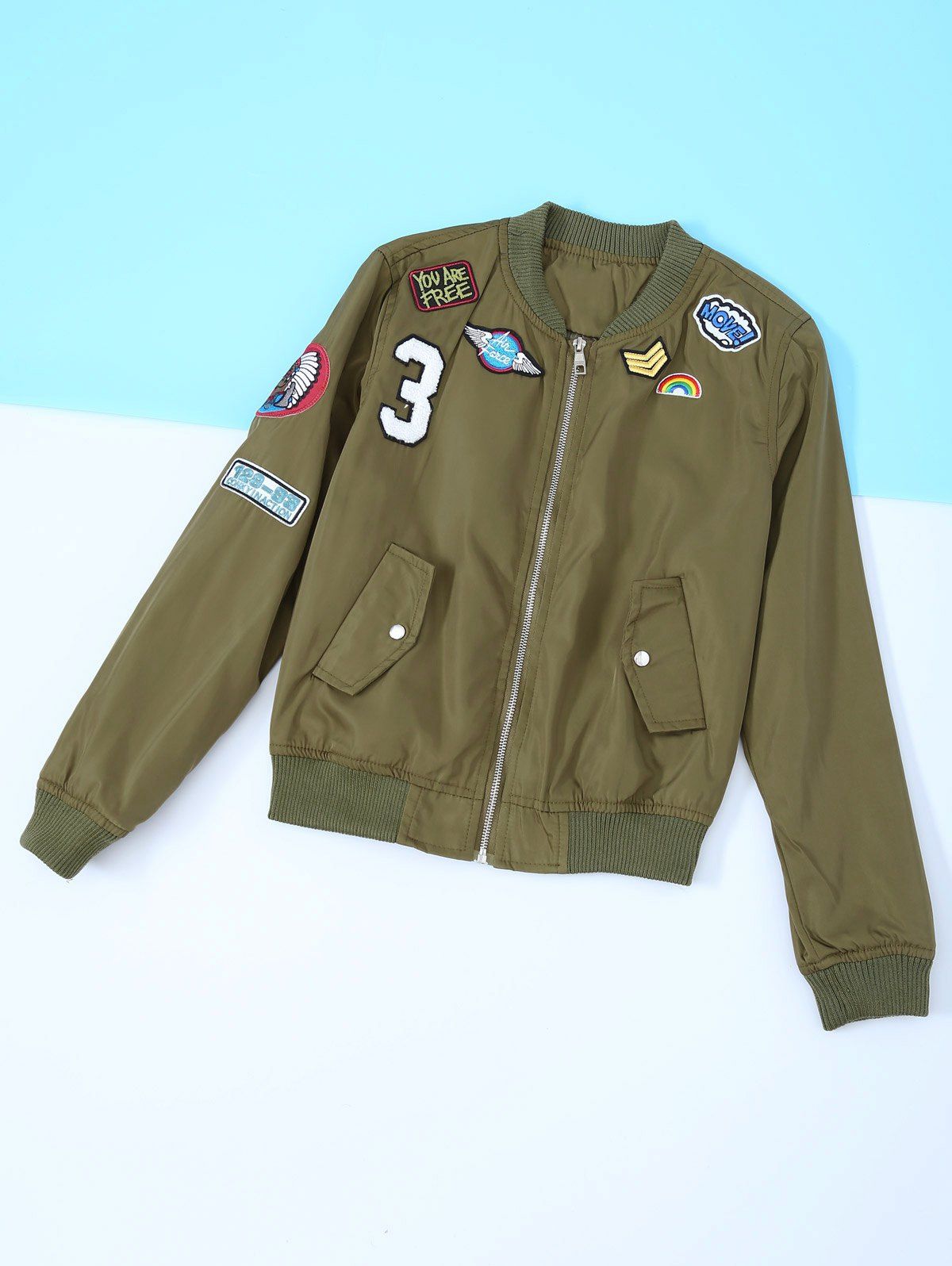 Army Green S Appliques Long Sleeve Bomber Jacket | RoseGal.com
