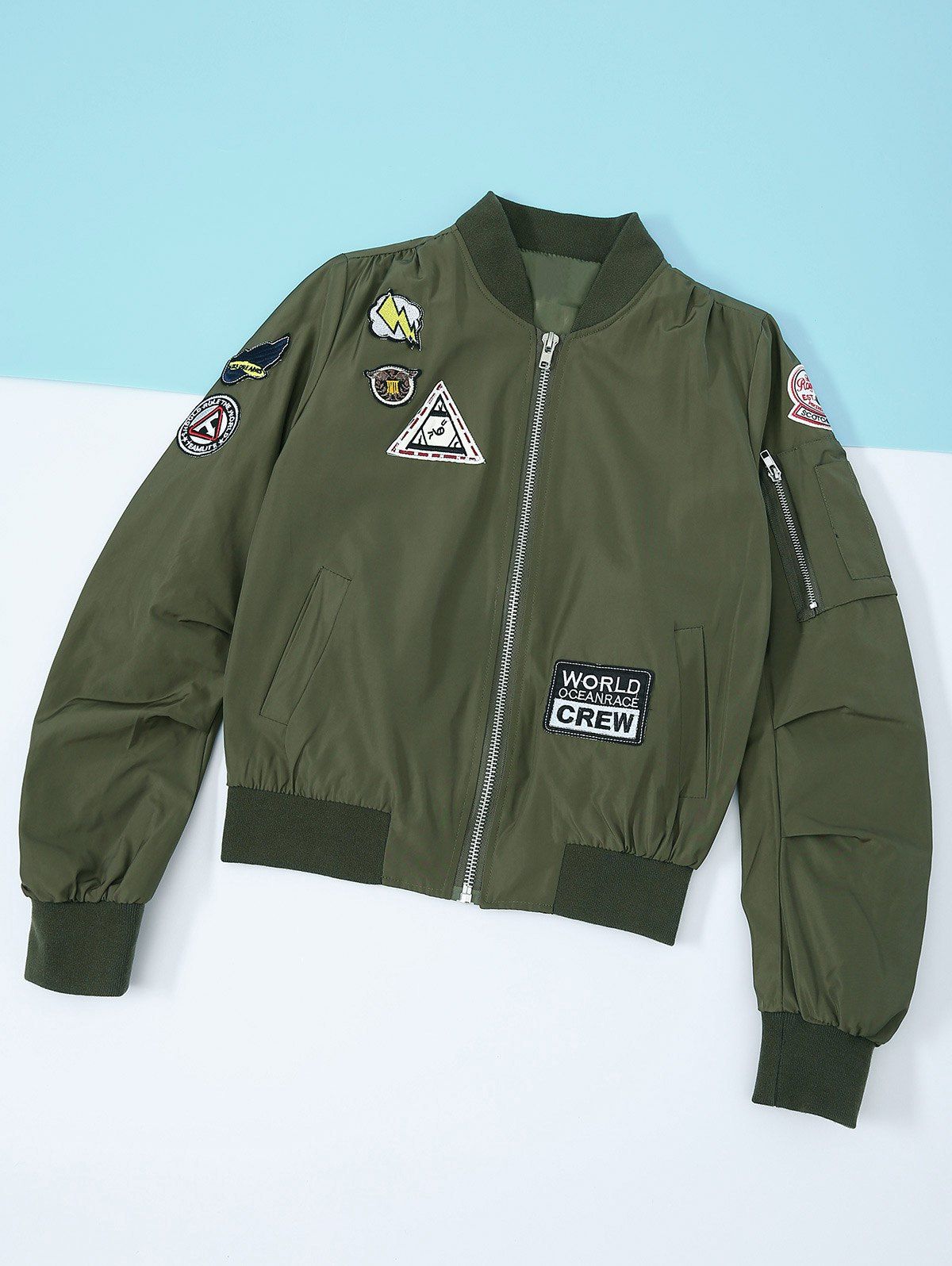Army Green S Patched Zipper Bomber Jacket | RoseGal.com