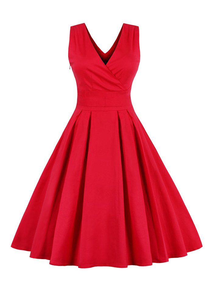 

Retro Sleeveless Tea Length Party Dress, Red