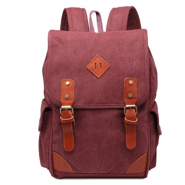 [53% OFF] Double Buckle Canvas Colour Block Backpack | Rosegal