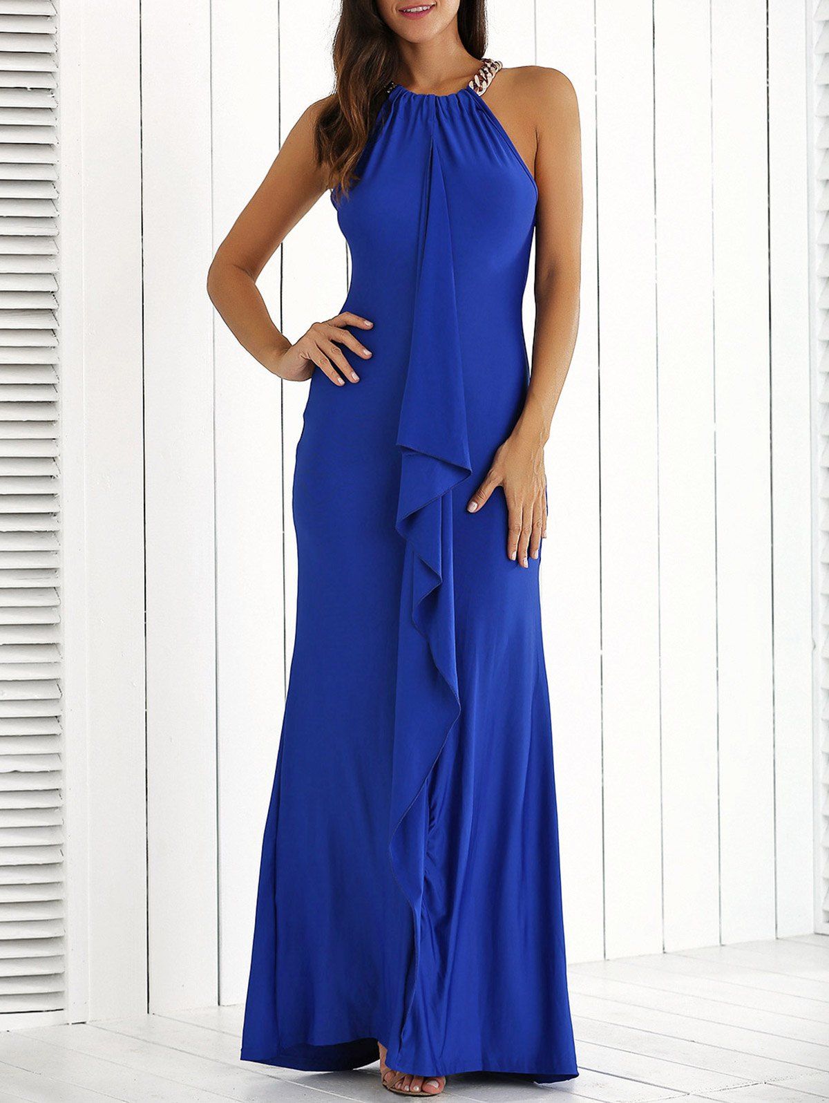 danielle strappy ruffle maxi gown
