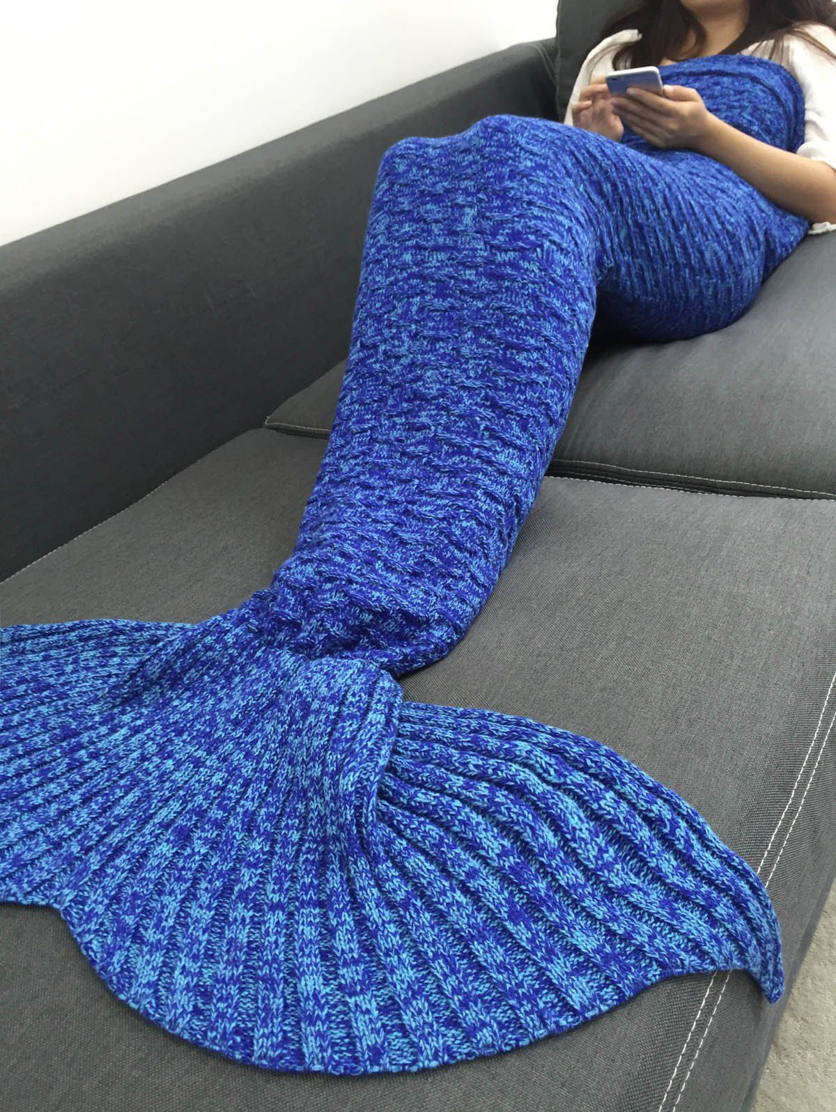 

Keep Warm Acrylic Knitted Sofa Mermaid Tail Style Blanket, Blue