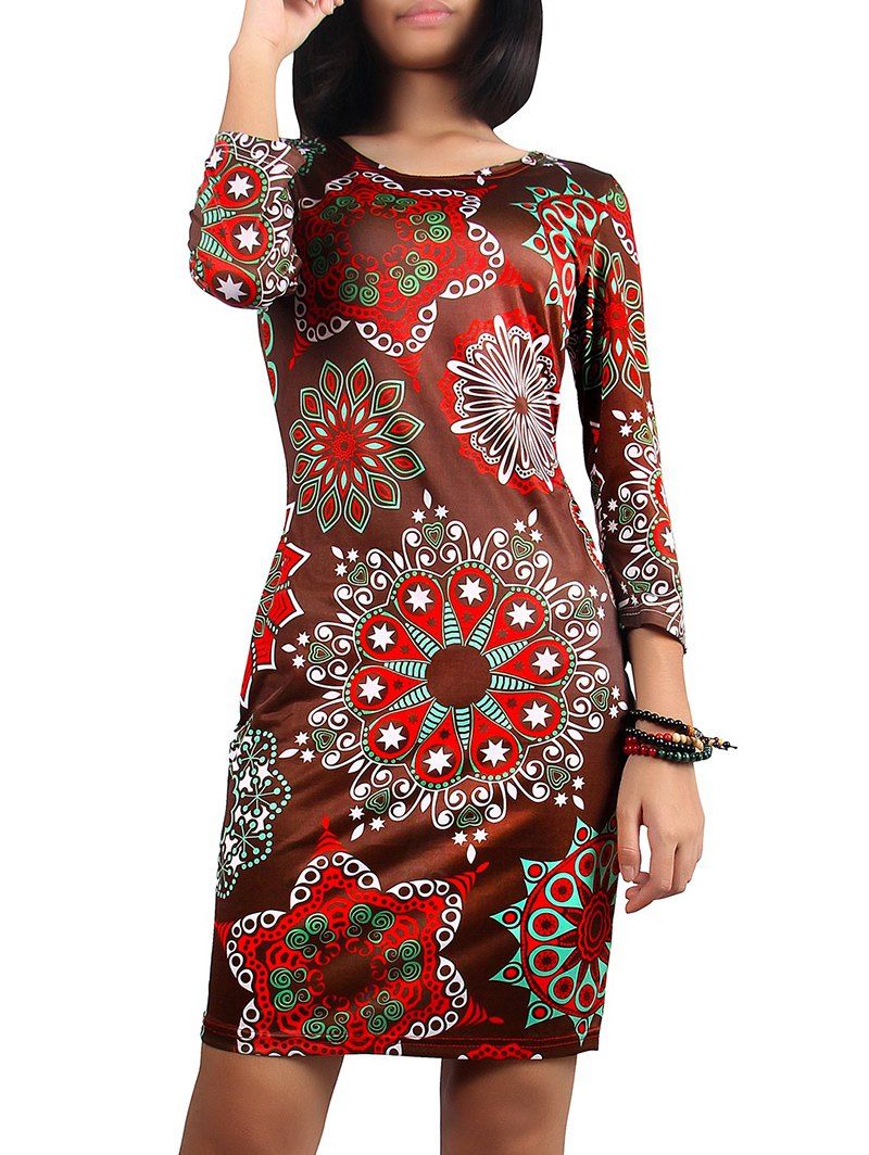 

Christmas 3/4 Sleeve Printed Dress, Brown