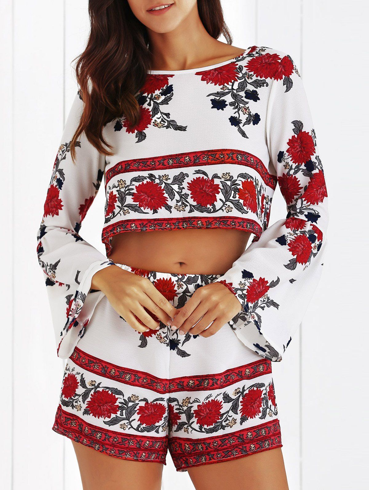 [15 OFF] Open Back Crop Top And Floral Print Shorts Twinset Rosegal