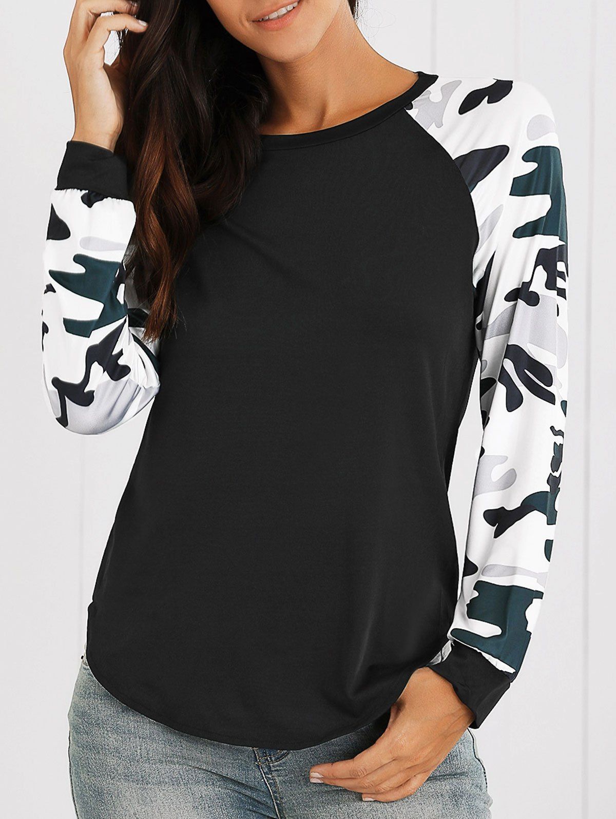 [50% OFF] Raglan Sleeves Camo Print Asymmetric T-Shirt | Rosegal