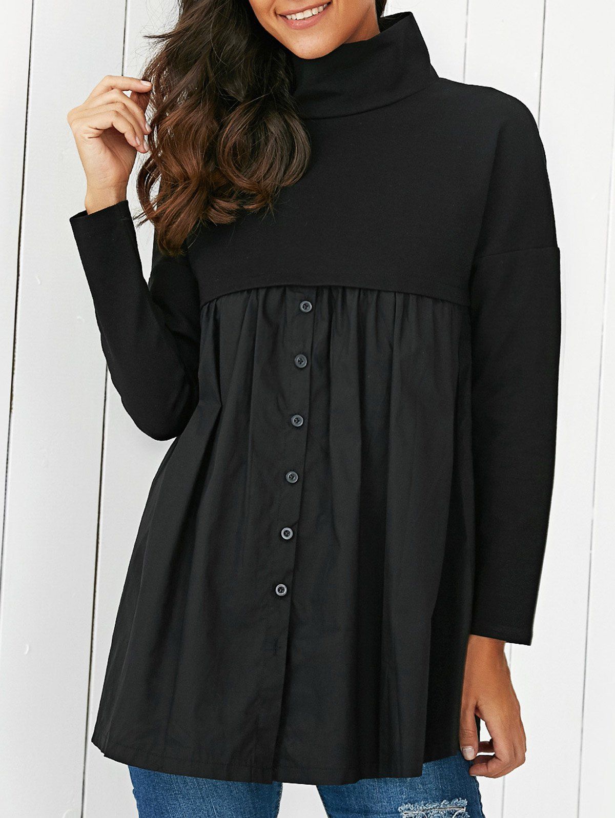 Online Ruched Patchwork Buttoned Dress  