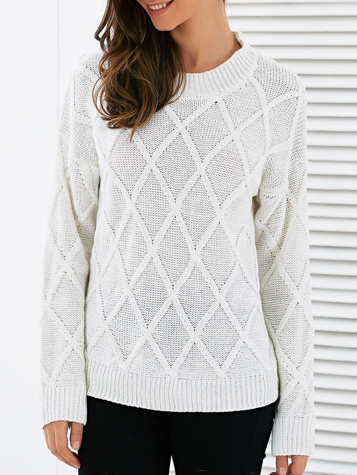 White One Size Long Sleeves Geometric Sweater